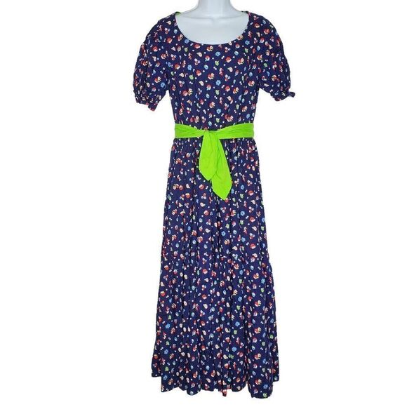 Vintage Handmade Floral Prairie Dress Bonnet Short Sleeve Navy Blue Sz L/XL - Picture 2 of 5